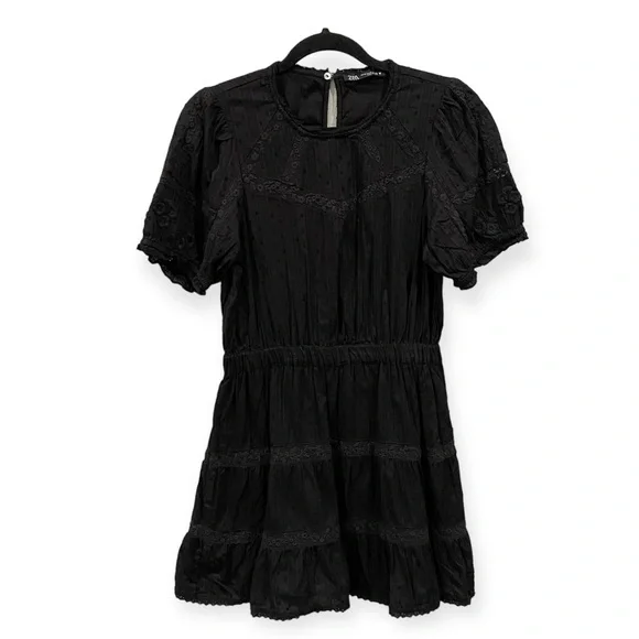 Zara | Dresses | Zara Eyelet Lace Short Sleeve High Neck Dress Black Medium  | Poshmark